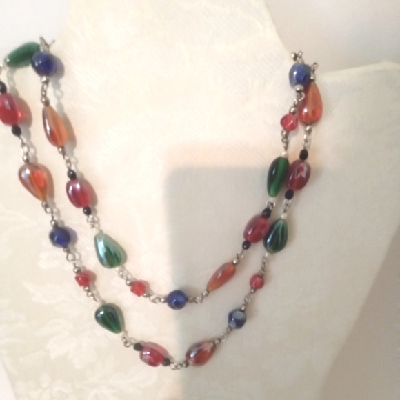 Luster Art Glass Beads Necklace 33" Rosery Style Multicolor - Picture 3 of 5